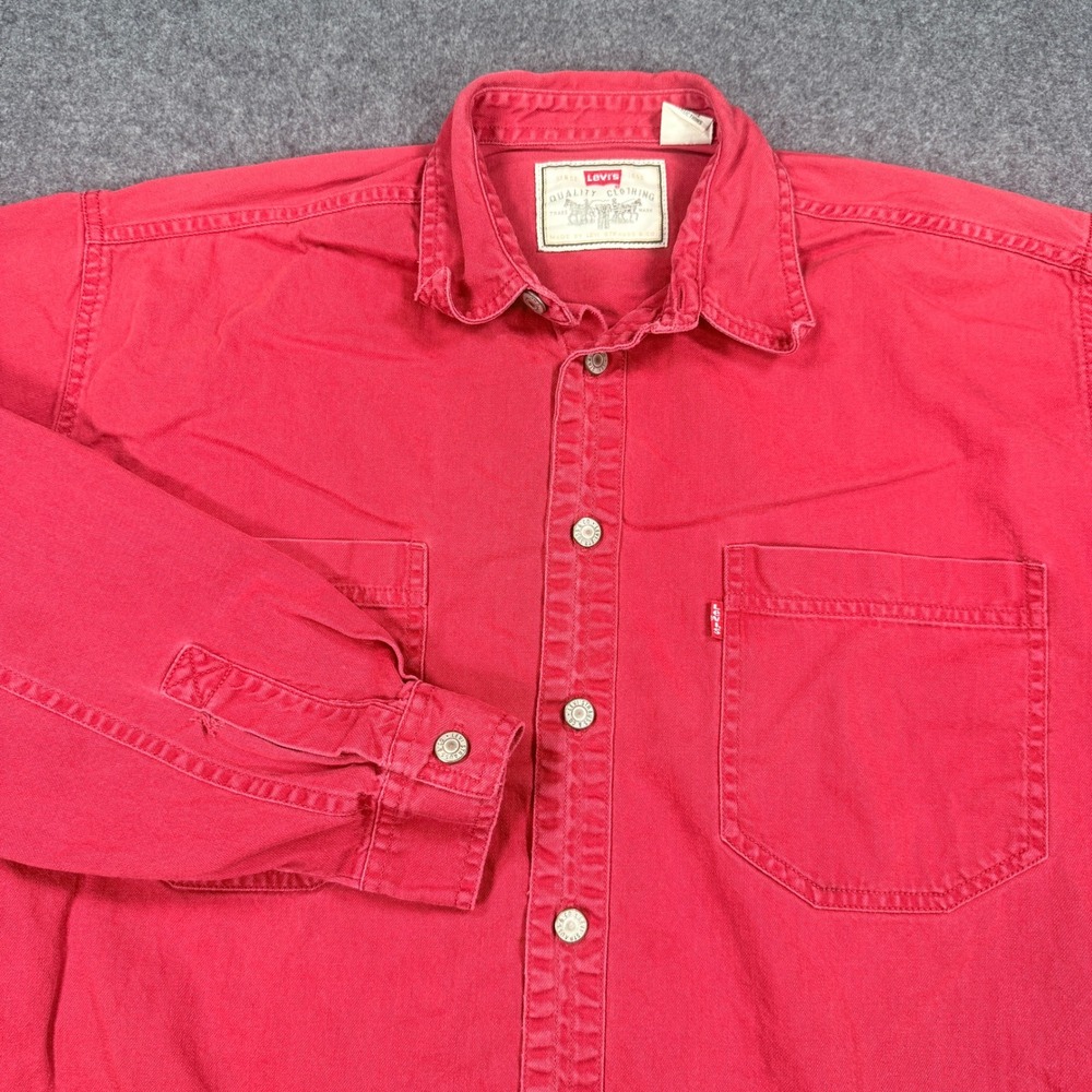 Levis Red Tab Mens Medium Red Cotton Twill Long Sleeve Button Down Shirt Y2k